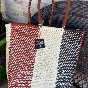 Stylish Woven Tote Bag - Brown, Cream, Black